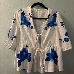 SHEIN White Blouse with Blue Floral Accents